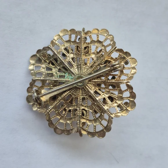 Vintage Faux Opal Blue Rhinestone Filigree Gold Tone Brooch - Picture 2 of 5